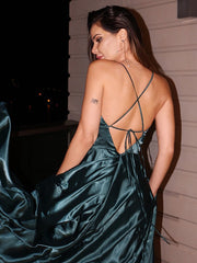 A-Line/Princess Silk like Satin V-neck Ruffles Sleeveless Floor-Length Dresses