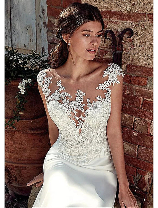 Beach Open Back Wedding Dresses Mermaid / Trumpet Illusion Neck Cap Sleeve Court Train Chiffon Outdoor Bridal Gowns With Appliques Summer Fall Wedding Party Women‘s Clothing by YiHuiw