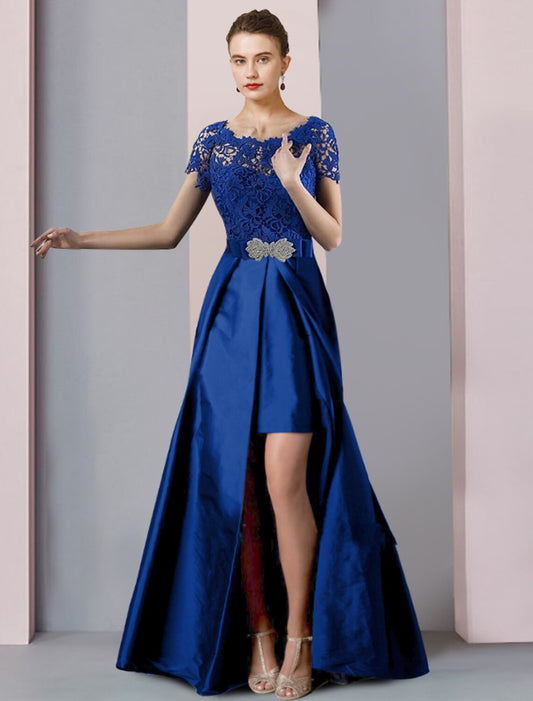 Two Piece Sheath / Column Mother of the Bride Dress Formal Church Elegant detachable Scoop Neck Knee Length Lace Taffeta Short Sleeve with Bow(s) Crystal Brooch by YiHuiw