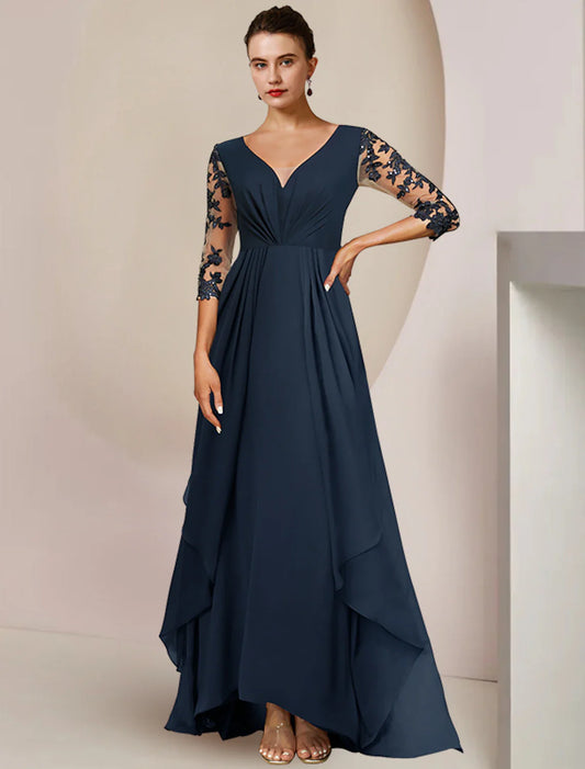 A-Line Mother of the Bride Dress Wedding Guest Elegant High Low V Neck Ankle Length Chiffon Lace 3/4 Length Sleeve with Sequin Appliques 2