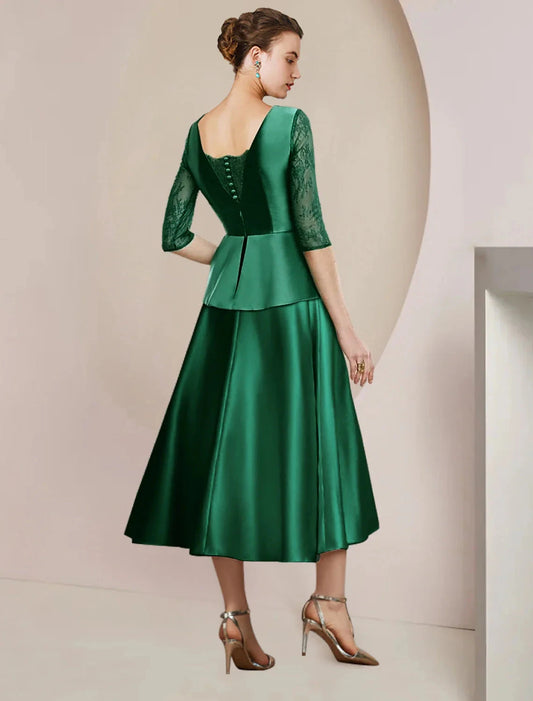 A-Line Mother of the Bride Dress Wedding Guest Party Elegant Scoop Neck Tea Length Satin Lace Half Sleeve with Bow(s) Ruching by YiHuiw
