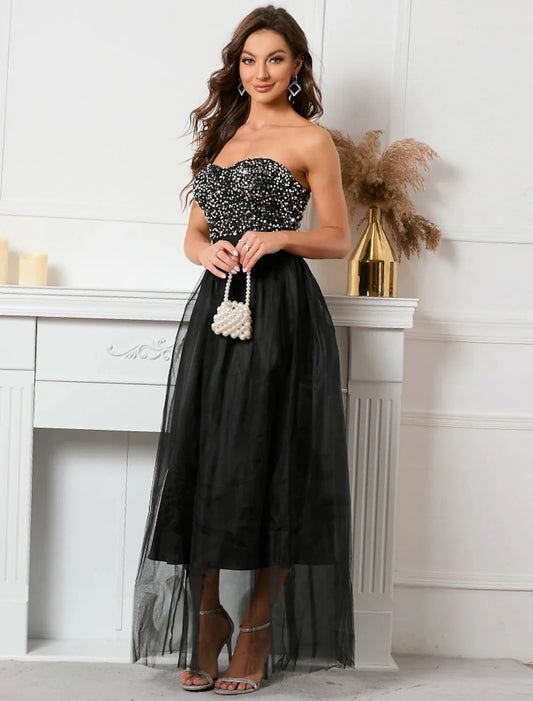 A-Line Party Dresses Sparkle & Shine Dress Holiday Floor Length Sleeveless Strapless Sequined with Sequin by YiHuiw