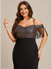 Mermaid / Trumpet Wedding Guest Dresses Minimalist Dress Formal Floor Length Short Sleeve Off Shoulder Fabric with Fringe Tassel