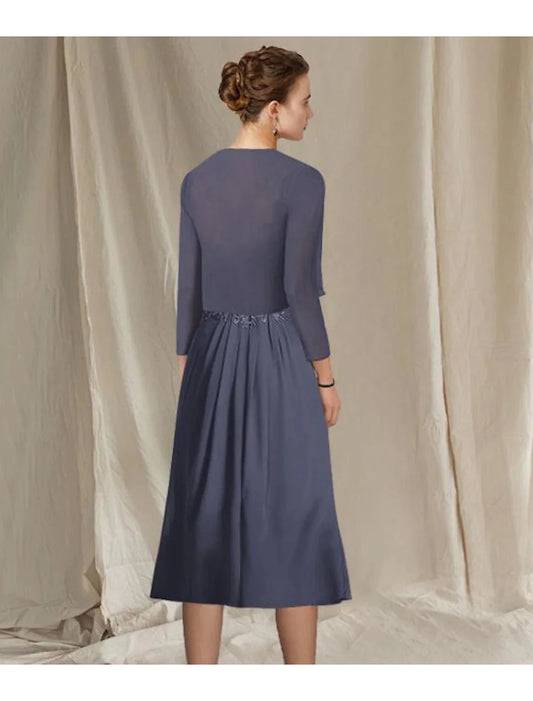 A-Line Mother of the Bride Dress Plus Size Elegant V Neck Tea Length Chiffon Lace Short Sleeve Wrap Included with Appliques by YiHuiw