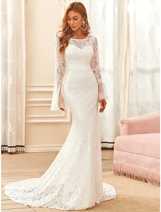 Reception Boho Wedding Dresses Mermaid / Trumpet Illusion Neck Long Sleeve Sweep / Brush Train Lace Bridal Gowns With Lace Summer Wedding Party Women's Clothing by YiHuiw