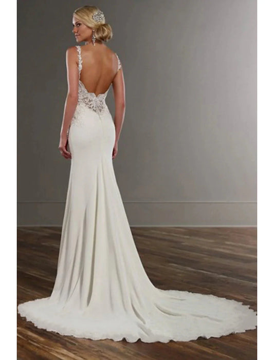 Engagement Open Back Sexy Formal Wedding Dresses Mermaid / Trumpet V Neck Sleeveless Chapel Train Lace Bridal Gowns With Appliques Summer Wedding Party Women's Clothing by YiHuiw