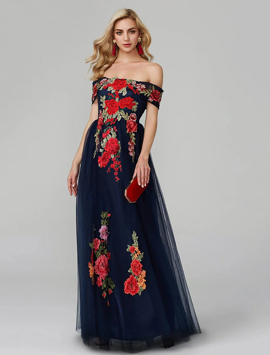 A-Line Prom Dresses Floral Dress Wedding Guest Prom Floor Length Sleeveless Off Shoulder Lace Over Tulle with Embroidery Appliques by YiHuiw