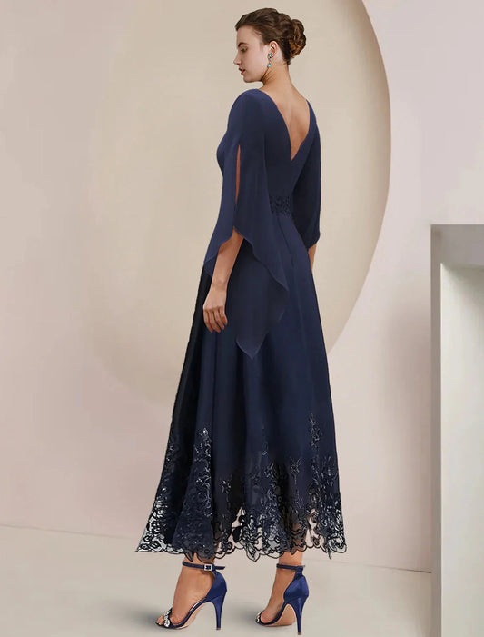 A-Line Mother of the Bride Dress Wedding Guest Party Elegant Scoop Neck Tea Length Chiffon Lace 3/4 Length Sleeve with Appliques by YiHuiw