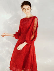 A-Line Cocktail Dresses Princess Dress Cocktail Party Valentine's Day Tea Length 3/4 Length Sleeve Jewel Neck Nylon with Sash / Ribbon Pure Color