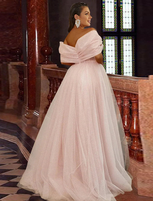 A-Line Prom Dresses Corsets Dress Prom Birthday Sweep / Brush Train Short Sleeve Off Shoulder Tulle with Glitter Pleats Slit by YiHuiw