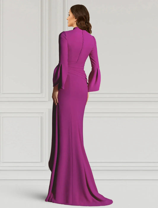 Sheath / Column Evening Gown Elegant Dress Formal Cocktail Party Dress Floor Length Long Sleeve V Neck Fall Wedding Guest Fabric with Ruffles by YiHuiw