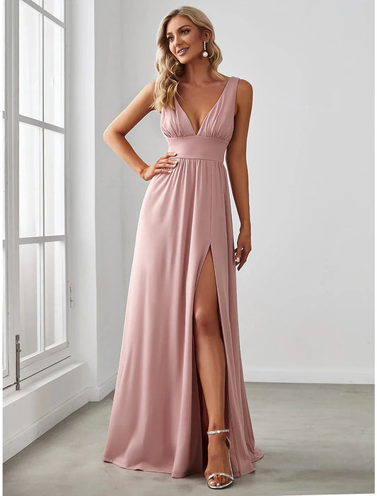 A-Line Prom Party Dress High Split Dress Wedding Guest Formal Evening Floor Length Sleeveless V Neck Bridesmaid Dress Chiffon V Back with Slit Pure Color by YiHuiw