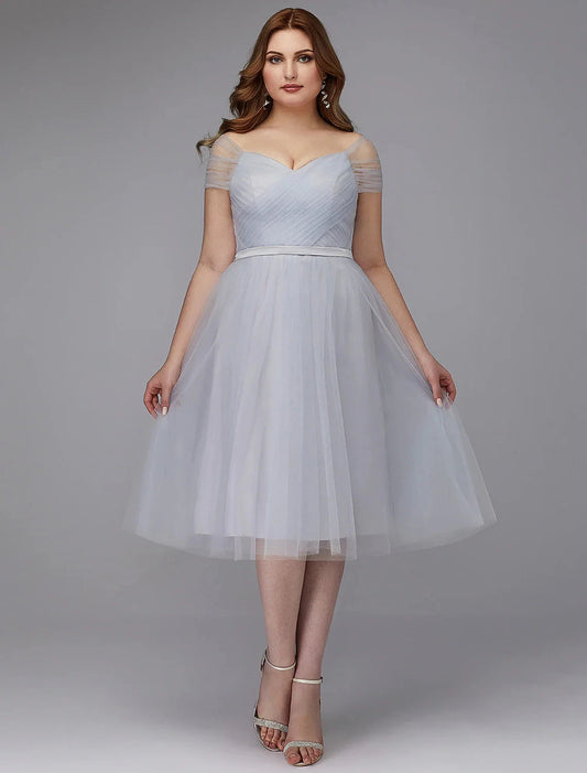 A-Line Elegant Dress Wedding Guest Cocktail Party Tea Length Short Sleeve Off Shoulder Tulle with Sash / Ribbon Criss Cross by YiHuiw
