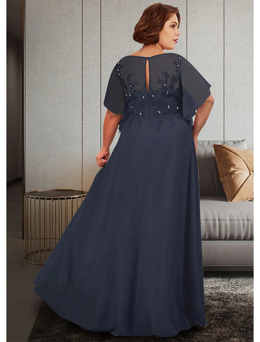 A-Line Mother of the Bride Dress Plus Size Elegant Jewel Neck Floor Length Chiffon Lace Half Sleeve with Appliques by YiHuiw