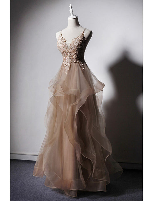 A-Line Prom Dresses Open Back Dress Formal Wedding Party Floor Length Sleeveless Spaghetti Strap Lace with Ruffles Appliques by YiHuiw