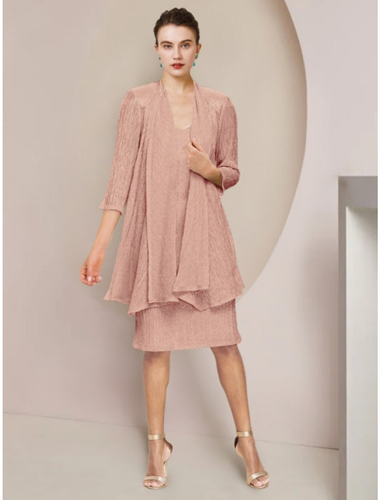 Two Piece Mother of the Bride Dress Simple Petite Scoop Neck Knee Length Lace 3/4 Length Sleeve with Pleats Solid Color by YiHuiw
