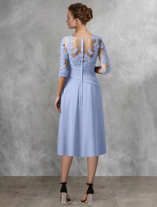 Two Piece A-Line Mother of the Bride Dress Wedding Guest Elegant Square Neck Tea Length Chiffon Lace Half Sleeve Wrap Included with Appliques Side-Draped by YiHuiw