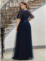 A-Line Empire Elegant Party Wear Prom Dress Jewel Neck Short Sleeve Floor Length Tulle with Embroidery