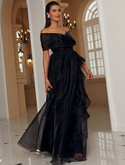 A-Line Evening Gown Sexy Dress Formal Floor Length Short Sleeve Off Shoulder Wednesday Addams Family Polyester with Ruffles Slit