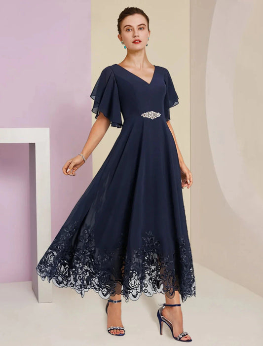 A-Line Mother of the Bride Dress Formal Fall Wedding Guest Elegant V Neck Tea Length Chiffon Lace Short Sleeve with Appliques Crystal Brooch by YiHuiw