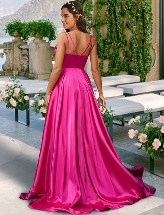 A-Line Bridesmaid Dress V Neck / Spaghetti Strap Sleeveless Sexy Sweep / Brush Train Charmeuse with Pleats / Solid Color by YiHuiw