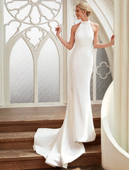 Bridal Shower Casual Open Back Wedding Dresses Court Train Sheath / Column Regular Straps Halter Satin With Pleats Bridal Gowns