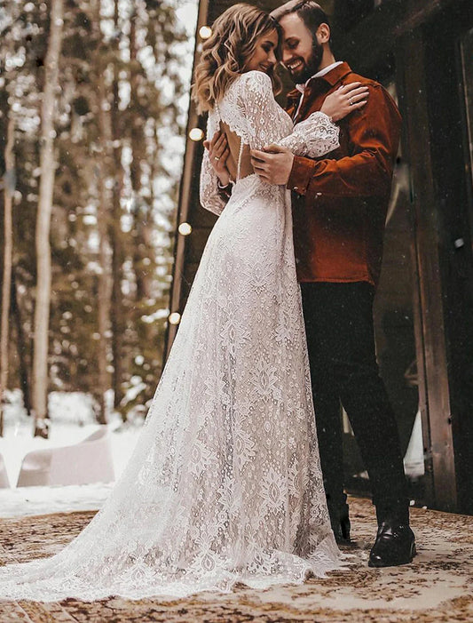 Beach Open Back Boho Wedding Dresses A-Line V Neck Long Sleeve Court Train Lace Bridal Gowns With Solid Color by YiHuiw