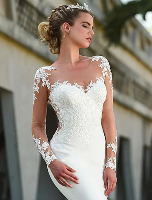 Engagement Open Back Formal Fall Wedding Dresses Mermaid / Trumpet Illusion Neck Long Sleeve Court Train Lace Bridal Gowns With Appliques Summer Wedding Party Women's Clothing by YiHuiw