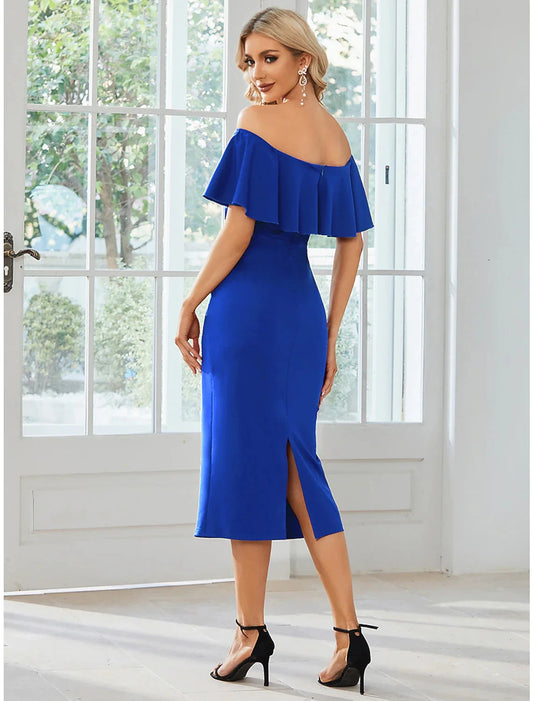 Sheath / Column Wedding Guest Dresses Minimalist Dress Party Wear Tea Length Short Sleeve Off Shoulder Fabric with Slit Pure Color by YiHuiw