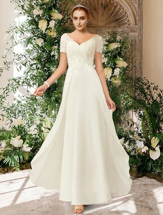 Beach Wedding Dresses A-Line V Neck Short Sleeve Floor Length Chiffon Bridal Gowns With Pleats Appliques Summer Wedding Party Women's Clothing by YiHuiw
