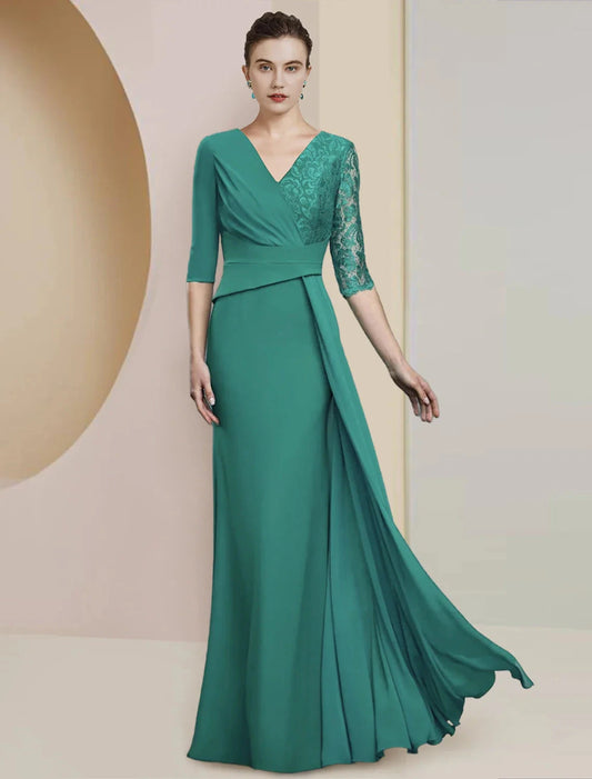 Sheath / Column Mother of the Bride Dress Formal Wedding Guest Party Elegant V Neck Floor Length Chiffon Lace Half Sleeve with Ruching by YiHuiw