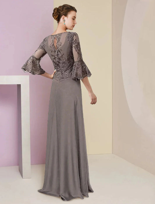 A-Line Mother of the Bride Dress Formal Elegant V Neck Sweep / Brush Train Lace Chiffon 3/4 Length Sleeve with Beading Appliques by YiHuiw