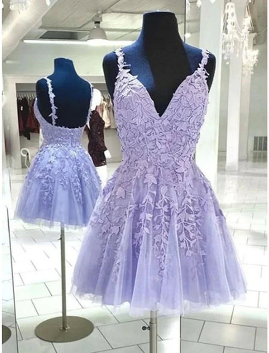 A-Line Homecoming Dresses Backless Dress Graduation Birthday Short / Mini Sleeveless Spaghetti Strap Tulle with Appliques by YiHuiw