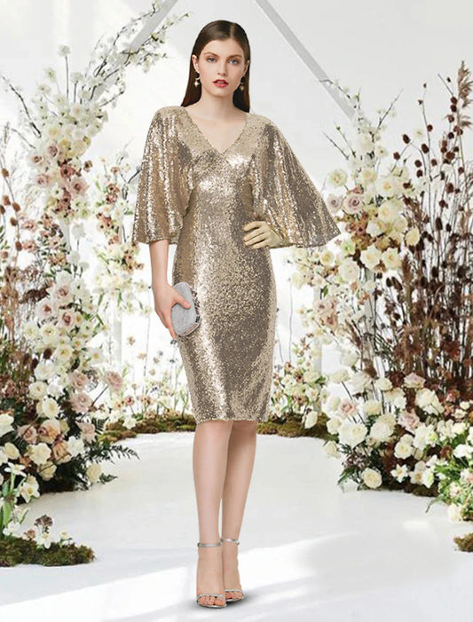 Sheath / Column Cocktail Dresses Glittering Dress Graduation Cocktail Party Knee Length Half Sleeve V Neck Sequined with Sleek by YiHuiw