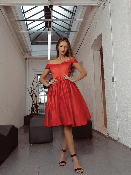 A-Line/Princess Ruched Off-the-Shoulder Satin Sleeveless Knee-Length Dresses by YiHuiw
