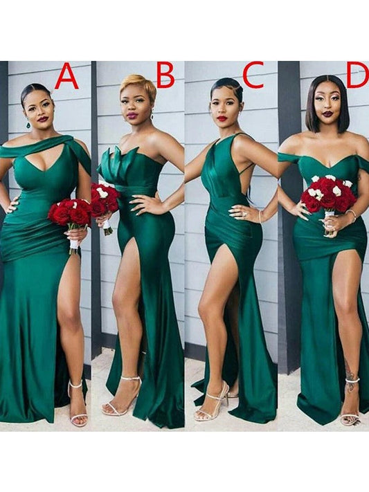 Sheath/Column Off-the-Shoulder Ruched Sleeveless Sweep/Brush Train Bridesmaid Dresses by YiHuiw