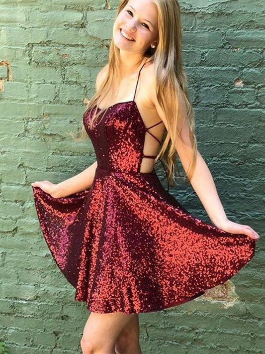 A-Line/Princess Sequins Ruffles Spaghetti Straps Sleeveless Short/Mini Dresses by YiHuiw