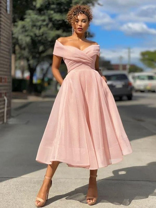 A-Line/Princess Other Ruched Off-the-Shoulder Sleeveless Tea-Length Dresses by YiHuiw