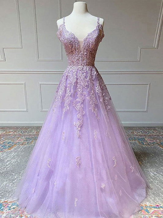 A-Line/Princess Tulle Applique V-neck Sleeveless Sweep/Brush Train Dresses by YiHuiw