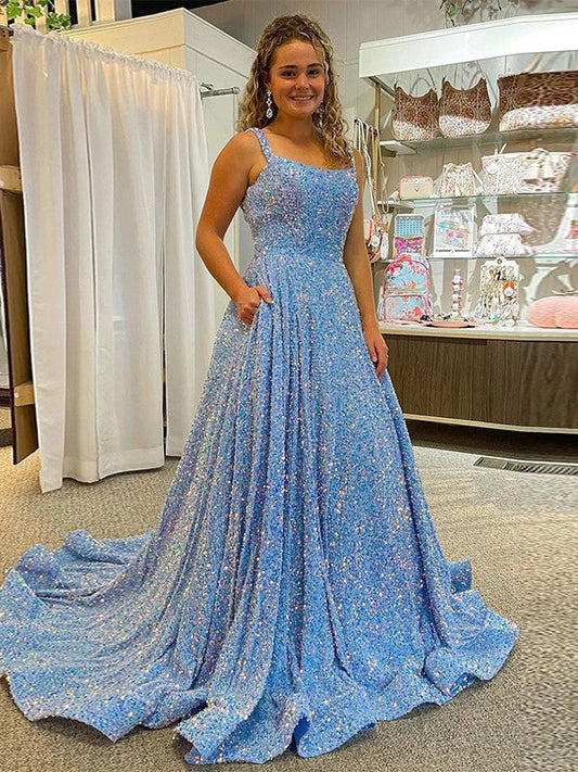 A-Line/Princess Velvet Sequins Ruffles Straps Sleeveless Court Train Dresses by YiHuiw
