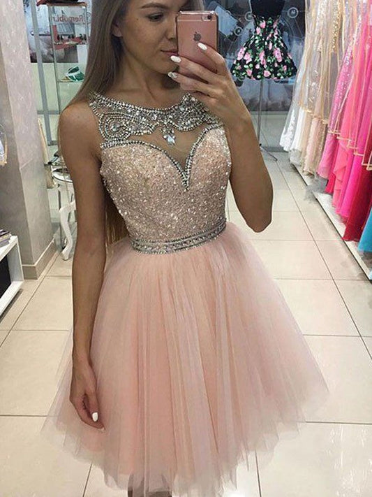 A-Line/Princess Sleeveless Scoop Beading Short/Mini Tulle Dresses by YiHuiw