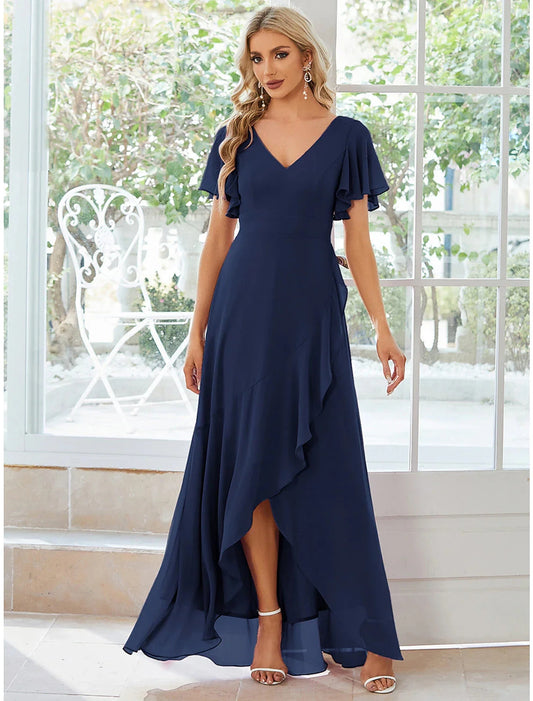 A-Line Wedding Guest Dresses Casual Dress Party Dress Wedding Party Asymmetrical Short Sleeve V Neck Bridesmaid Dress Chiffon with Ruffles Pure Color by YiHuiw