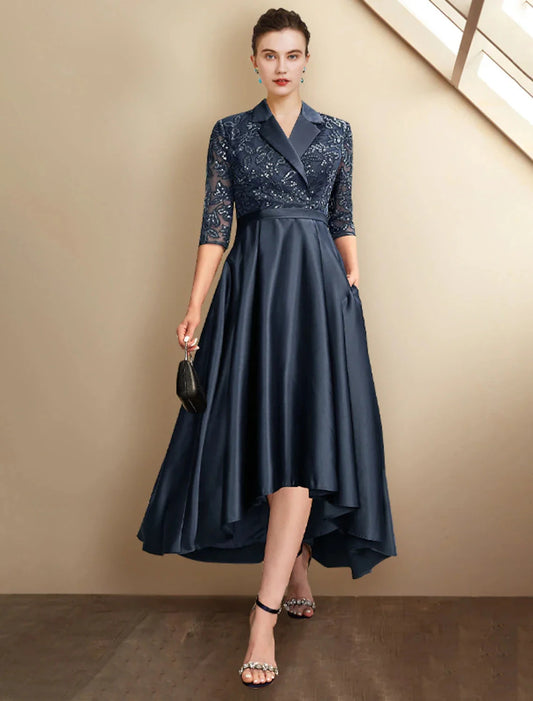 A-Line Mother of the Bride Dress Plus Size Elegant High Low Shirt Collar Asymmetrical Tea Length Satin Lace Half Sleeve with Pleats Sequin Appliques by YiHuiw