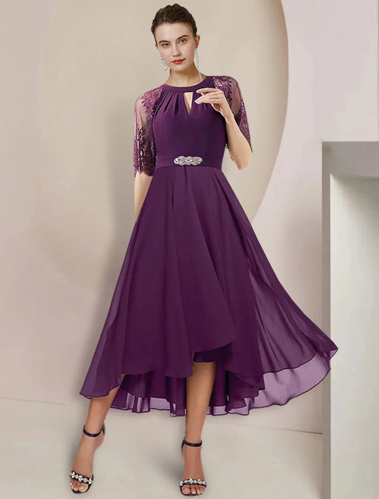 A-Line Mother of the Bride Dress Formal Wedding Guest Party Elegant High Low Scoop Neck Tea Length Chiffon Lace 3/4 Length Sleeve with Pleats Crystal Brooch by YiHuiw