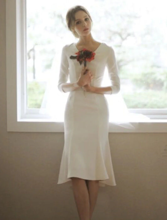 Reception Little White Dresses Fall Wedding Dresses Mermaid / Trumpet V Neck 3/4 Length Sleeve Asymmetrical Satin Bridal Gowns With Summer Wedding Party Women‘s Clothing