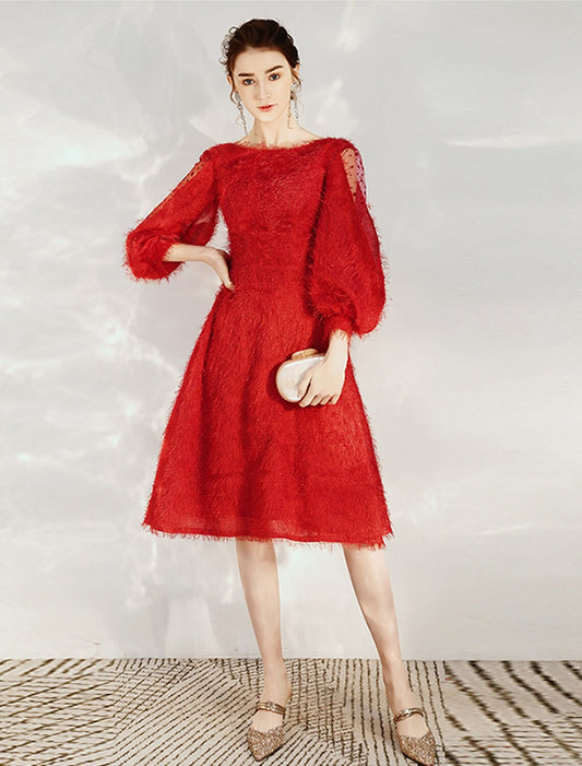 A-Line Cocktail Dresses Princess Dress Cocktail Party Valentine's Day Tea Length 3/4 Length Sleeve Jewel Neck Nylon with Sash / Ribbon Pure Color