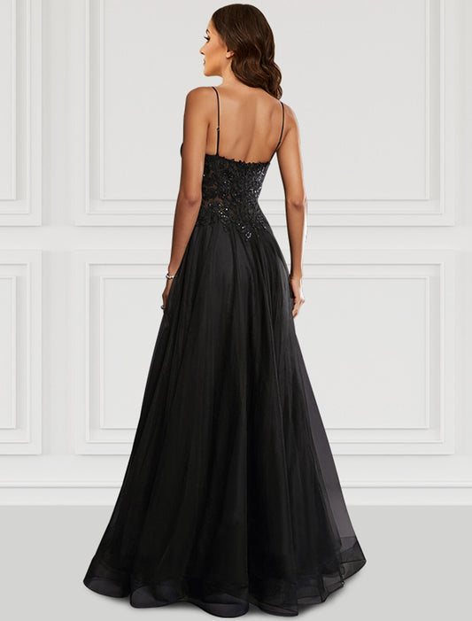 A-Line Prom Dresses Black Dress Party Wear Floor Length Sleeveless Spaghetti Strap Tulle with Glitter Slit by YiHuiw