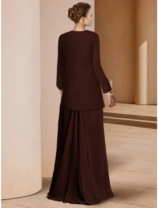 Sheath / Column Mother of the Bride Dress Wedding Guest Elegant Scoop Neck Floor Length Chiffon Long Sleeve with Sequin Ruching by YiHuiw