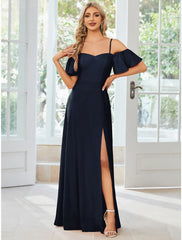 A-Line Wedding Guest Dresses Elegant Dress Formal Floor Length Short Sleeve Off Shoulder Fabric with Slit Pure Color