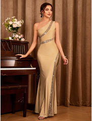 Mermaid / Trumpet Party Dresses Sexy Dress Wedding Party Semi Formal Floor Length Sleeveless One Shoulder Satin with Glitter